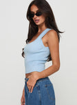 side view of model wearing Princess Polly Issues Top Blue Sleeveless Square Neck 