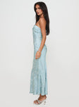 side view of model wearing Princess Polly Salvin Strapless Maxi Dress Blue Straight Neck 