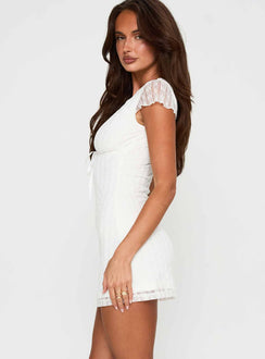 side view of model wearing Princess Polly Ilaine Lace Mini Dress White Plunger 