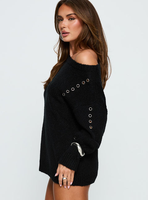 side view of model wearing Princess Polly Esenia Eyelet Detail Knit Sweater Black / Silver Longline Jumpers 
