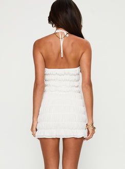 back view of model wearing Princess Polly Bohemienne Shirred Mini Dress White Sweetheart Neckline 