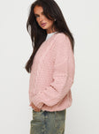 side view of model wearing Princess Polly Hour Of Love V Neck Sweater Pink Long 