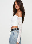 side view of model wearing Princess Polly Hartford Off The Shoulder Top White Full Sleeves straight 