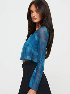 side view of model wearing Princess Polly Too Short Top Blue Full Sleeves Plunger 