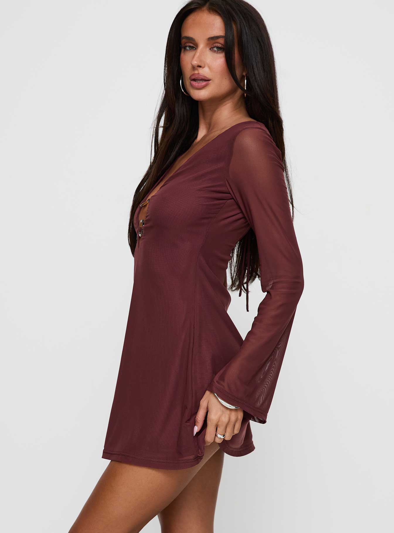 side view of model wearing Princess Polly Artique Long Sleeve Mini Dress Brown Plunger 