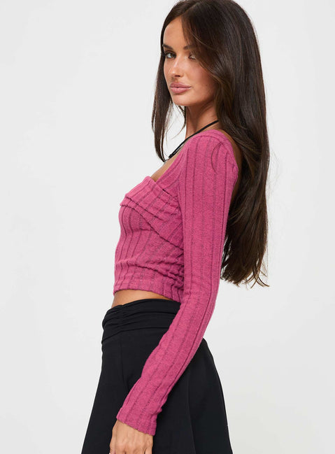 side view of model wearing Princess Polly Looking For Love Long Sleeve Top Pink Full Sleeves Asymmetric Neckline 