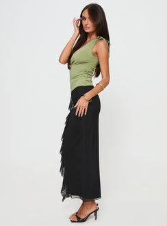   side view of model wearing Princess Polly Fleming Maxi Skirt Black Maxi 
