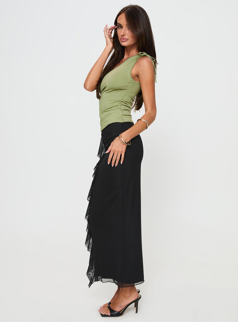   side view of model wearing Princess Polly Fleming Maxi Skirt Black Maxi 