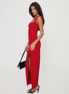 side view of model wearing Princess Polly Bombshell Maxi Dress Red Square Neck 