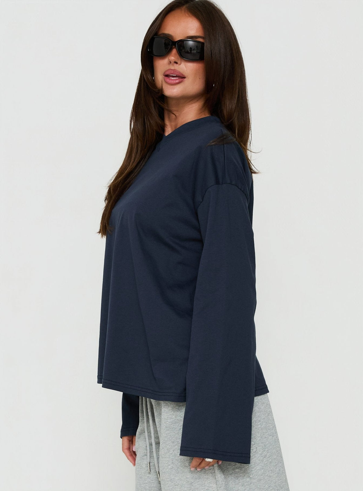 Settle Down Long Sleeve V Neck Top Navy