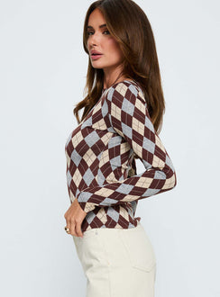 Shonna Boat Neck Long Sleeve Top Argyle