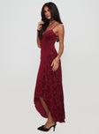 side view of model wearing Princess Polly Rumours Slippy Burnout Maxi Dress Burgundy Sweetheart Neckline 