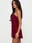 side view of model wearing Princess Polly Nutmeg Strapless Mini Dress Burgundy Straight Neck 