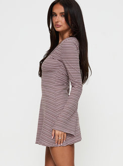 side view of model wearing Princess Polly Best Interest Long Sleeve Mini Dress Pink / Brown Scoop Neck 