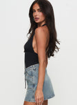 side view of model wearing Princess Polly Two Summers Plunge Neck Bodysuit Black Sleeveless 