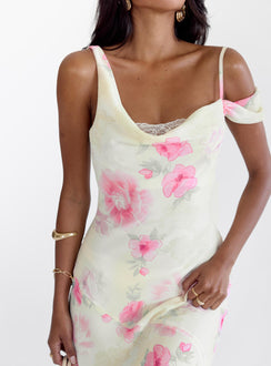 front view of model wearing Princess Polly Somebody Like Me Asymmetrical Midi Dress Pink Floral Cowl Neck 