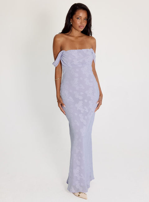 side view of model wearing Princess Polly Azura Off The Shoulder Maxi Dress Lilac Straight Neck 