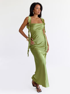 front view of model wearing Princess Polly Lanai Maxi Dress Olive Square Neck 