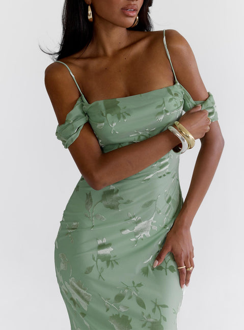 front view of model wearing Princess Polly Green Gables Burnout Maxi Dress Sage Square Neck 