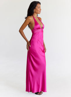 side view of model wearing Princess Polly Odyssa Halter Maxi Dress Magenta Plunger 