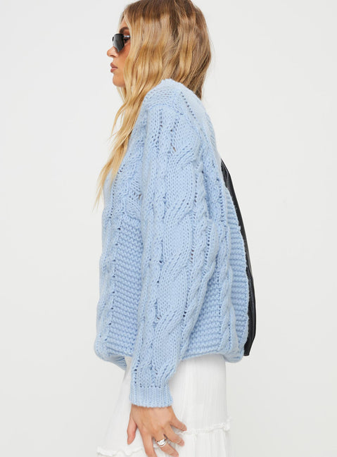 side view of model wearing Princess Polly Ellison Cable Knit Sweater Light Blue Long 