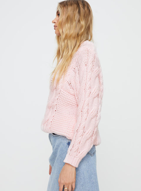 side view of model wearing Princess Polly Ellison Cable Knit Sweater Blush Pink Long 