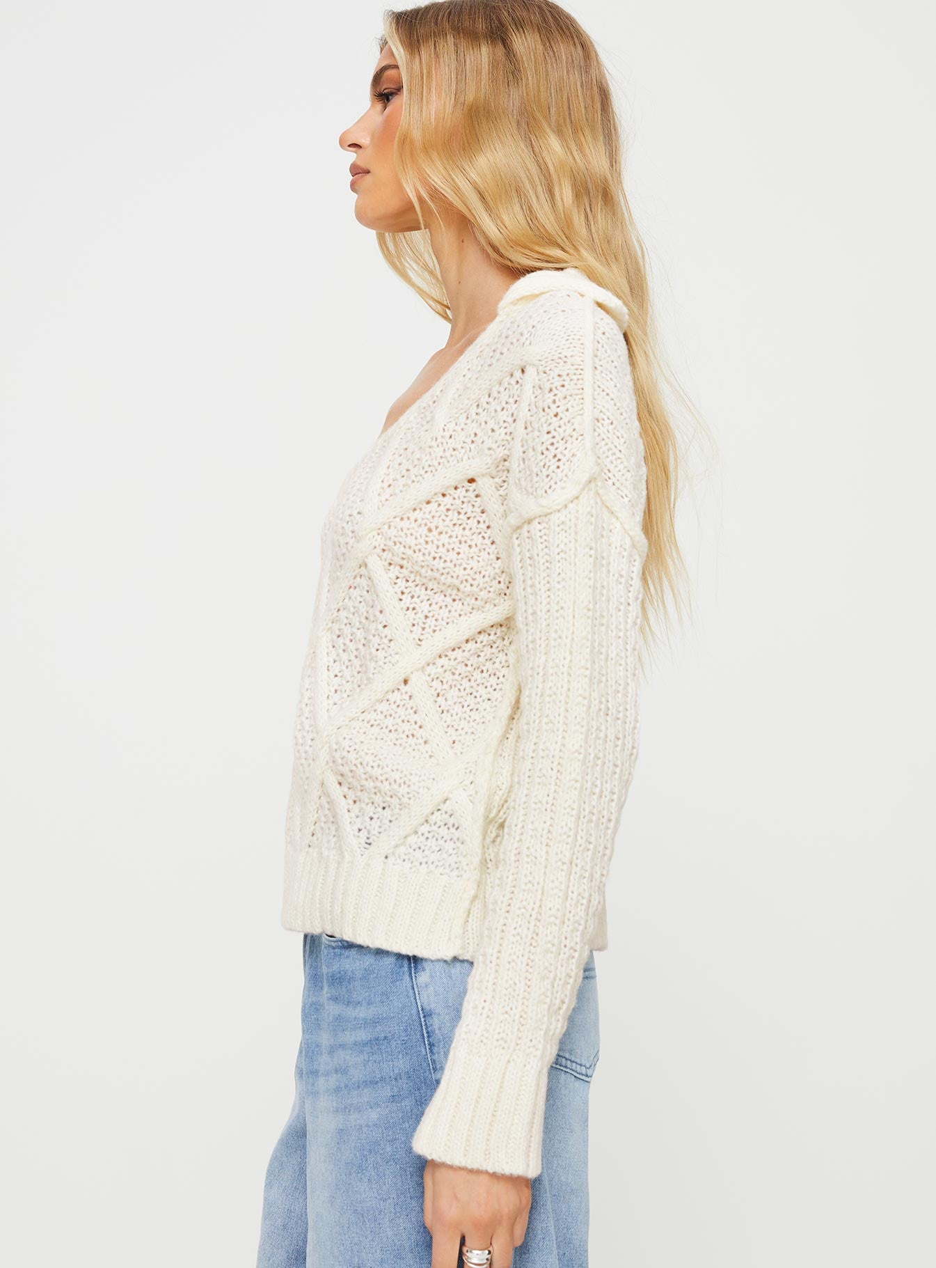 Zosia Diamond Cable Knit Sweater Cream Princess Polly  regular 