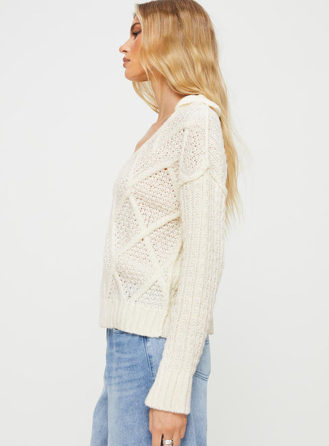 Zosia Diamond Cable Knit Sweater Cream Princess Polly  regular 