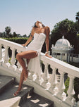 back view of model wearing Princess Polly Noe Strapless Maxi Dress White Sweetheart Neckline 