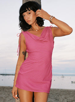 front view of model wearing Princess Polly Jasmi Mini Dress Pink Cowl Neck 