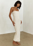 side view of model wearing Princess Polly Cloud Strapless Boucle Maxi Dress Cream Straight Neck 