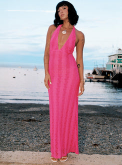 front view of model wearing Princess Polly Zoi Lace Halter Maxi Dress Hot Pink Plunger 