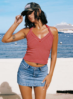 side view of model wearing Princess Polly Chameleon Halter Top Red Stripe Sleeveless V-Neck 
