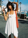 White mini dress Halter style, mesh material, pinched bust with flower detail, asymmetric hem'