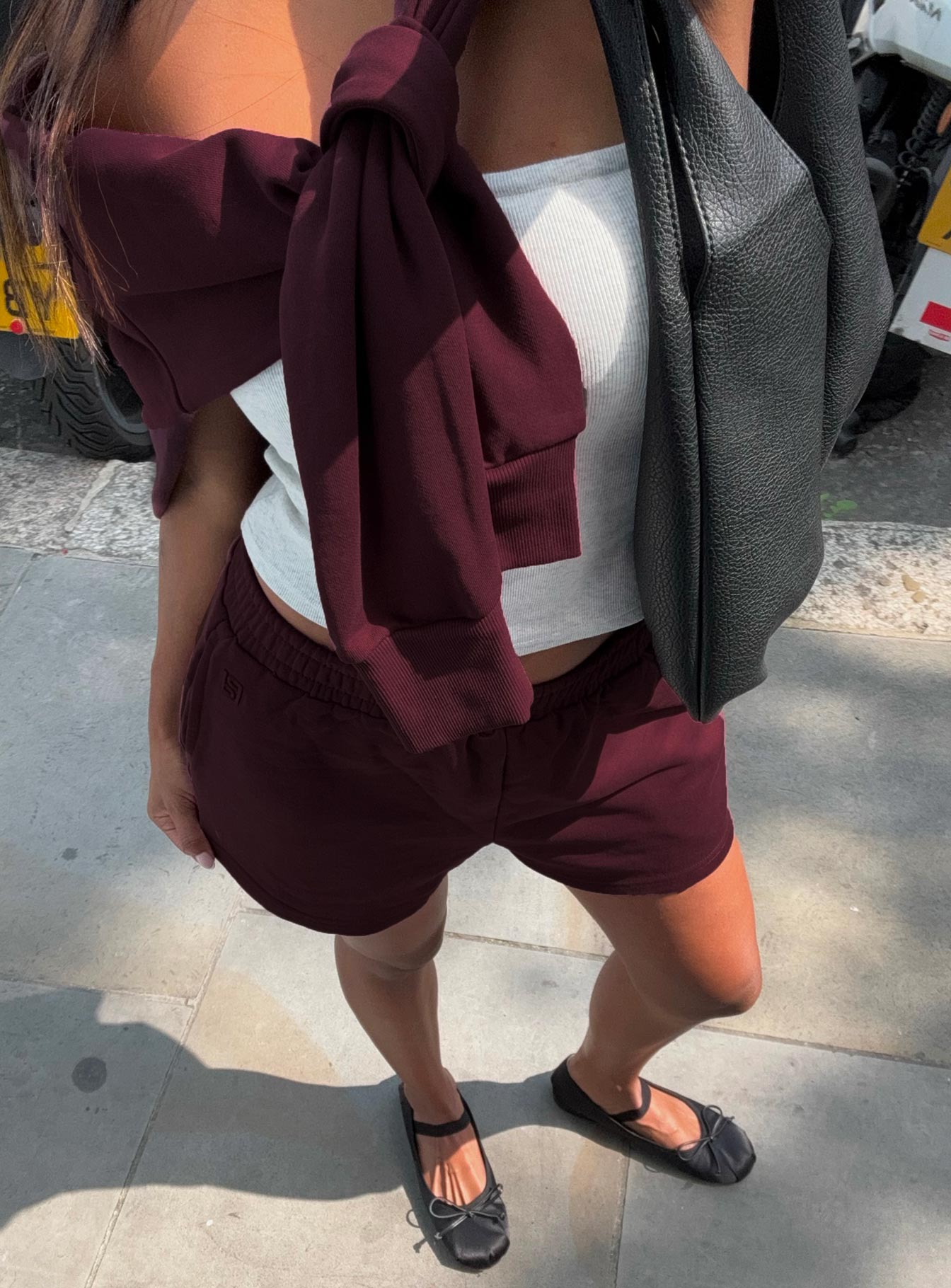 front view of model wearing Princess Polly All Day Short Wine High Waisted Shorts 