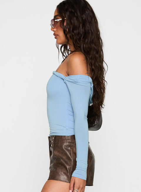 side view of model wearing Princess Polly Dusky Long Sleeve Top Blue Full Sleeves straight 