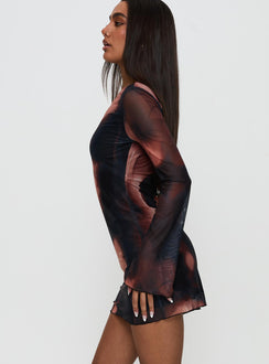 side view of model wearing Princess Polly Nyxia Long Sleeve Mini Dress Multi Scoop Neck 
