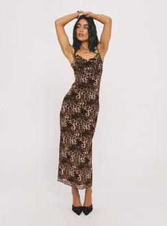 front view of model wearing Princess Polly Sugar Maxi Dress Leopard Cowl Neck 