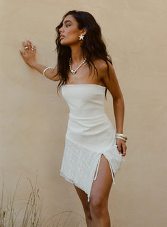 front view of model wearing Princess Polly Open Arms Lace Mini Dress White Straight Neck 