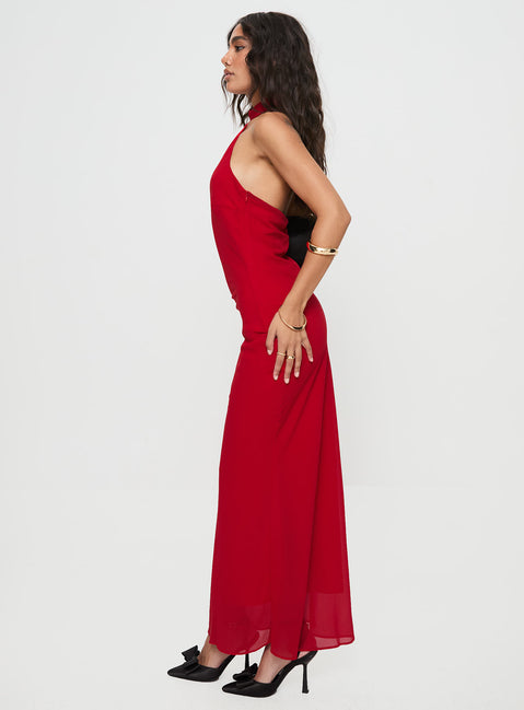 side view of model wearing Princess Polly Abriela Maxi Dress Red High Neck 
