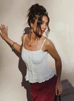 front view of model wearing Princess Polly Sonrisa Top White Sleeveless Square Neck 