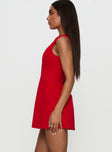 side view of model wearing Princess Polly Anse Mini Dress Red Crew Neck 