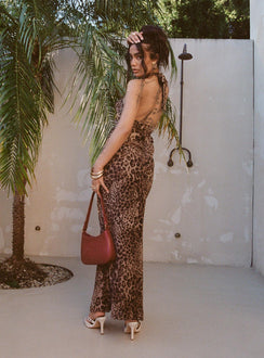 back view of model wearing Princess Polly Eleganza Maxi Skirt Leopard Maxi 