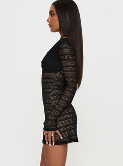 side view of model wearing Princess Polly Porchia Long Sleeve Mini Dress Black V-Neck 