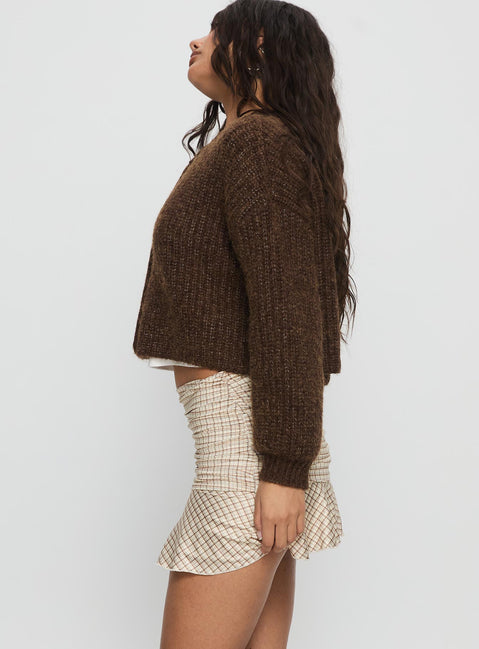   side view of model wearing Princess Polly Celebrations Mini Skirt Beige Check Mini Skirts 