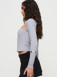 side view of model wearing Princess Polly Adella Long Sleeve Top Grey Full Sleeves Square Neck 