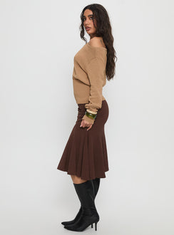   side view of model wearing Princess Polly Lewish Low Rise Midi Skirt Chocolate Midi Skirts 