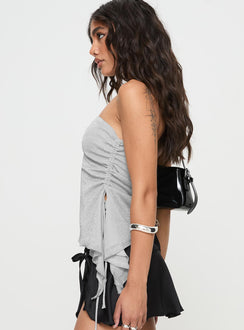 side view of model wearing Princess Polly Zechariah Strapless Top Silver Sleeveless straight 