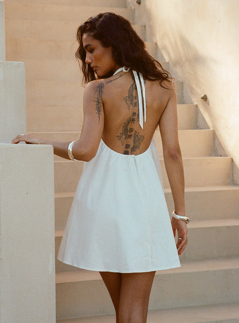 back view of model wearing Princess Polly Loreena Mini Dress White High Neck 
