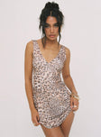 front view of model wearing Princess Polly Zuba Mini Dress Leopard V-Neck 